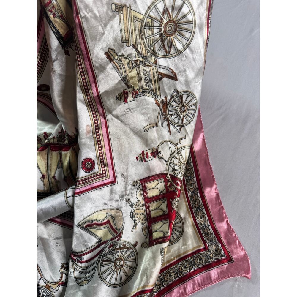 Vintage 35" Square Scarf Horse Carriage Equestrian Print Silky Pink Ivory - Picture 10 of 10